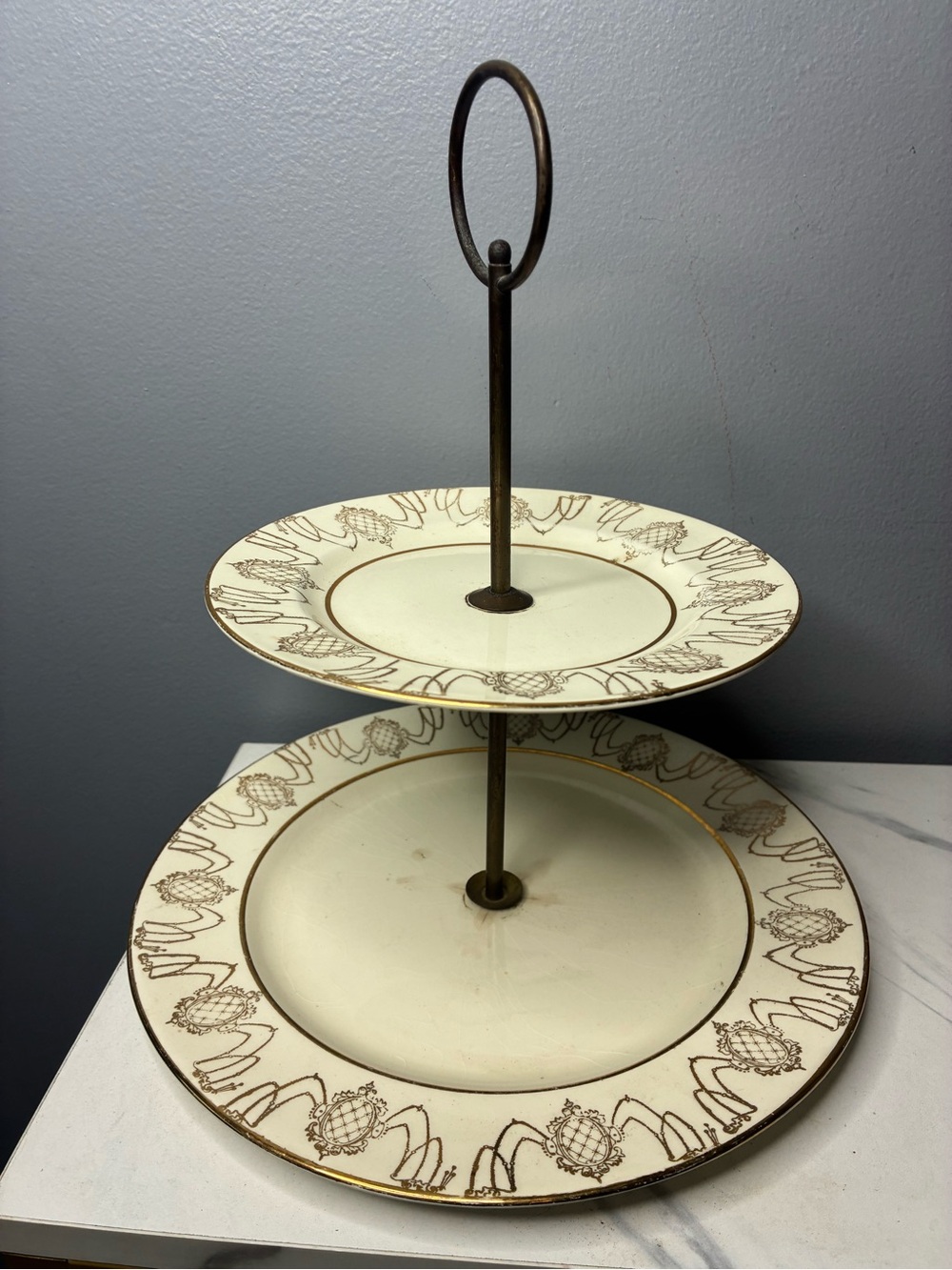 Vintage 2-Tier 22K Gold Porcelain Tidbit Tray Dessert Stand